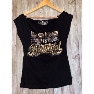 Bebe Is Beautiful Black Graphic Cap Sleeve Top Shirt Silver Gold Women's Medium